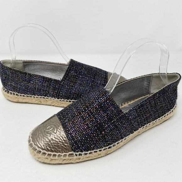 CHANEL Tweed Blue Metallic Bronze Cap Toe Espadrilles Flats - Picture 2 of 8